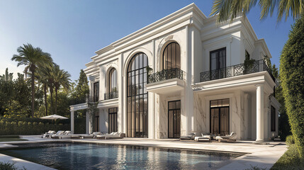 Fototapeta premium Luxurious white villa with structured design, featuring pool and palm trees