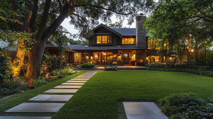 stunning urban home in Dallas, featuring lush lawn and warm evening lights