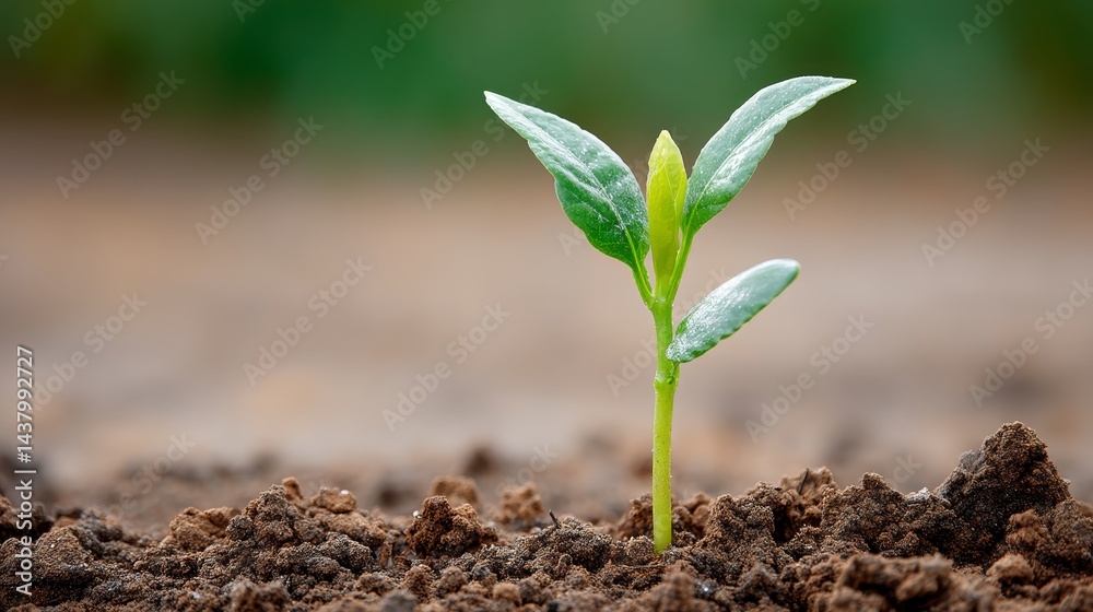Poster a close-up captures a gentle green sprout emerging from rich soil, emphasizing growth and sustainabi