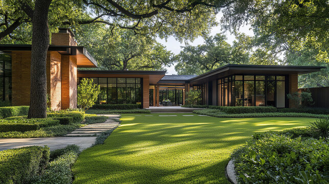 Majestic urban home Dallas with expansive lawn and lush greenery, showcasing modern architecture
