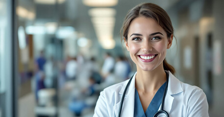Obraz premium Smiling doctor in hospital hallway wearing lab coat and stethoscope radiating care and professionalism