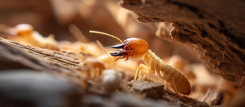 A termite soldier with its jaws open wide, protecting its nest while workers continue their duties in the background. The sunlight highlights the details of the termites body and the wooden texture.