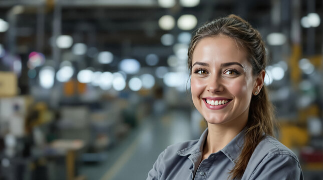Woman in factory smiling wearing grey work shirt with hair tied back directly viewer
