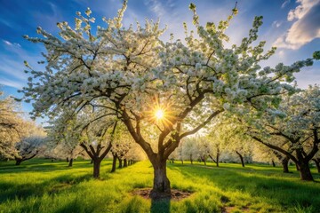 Fototapeta premium Spring Blossom White Fruit Tree Photography, Orchard Springtime, Blooming Tree, White Flowers, Nature Photography, Spring Scene