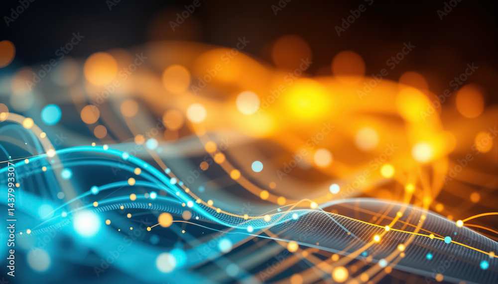Poster glowing network: vibrant abstract depiction of interconnected data streams flowing in blue and gold 