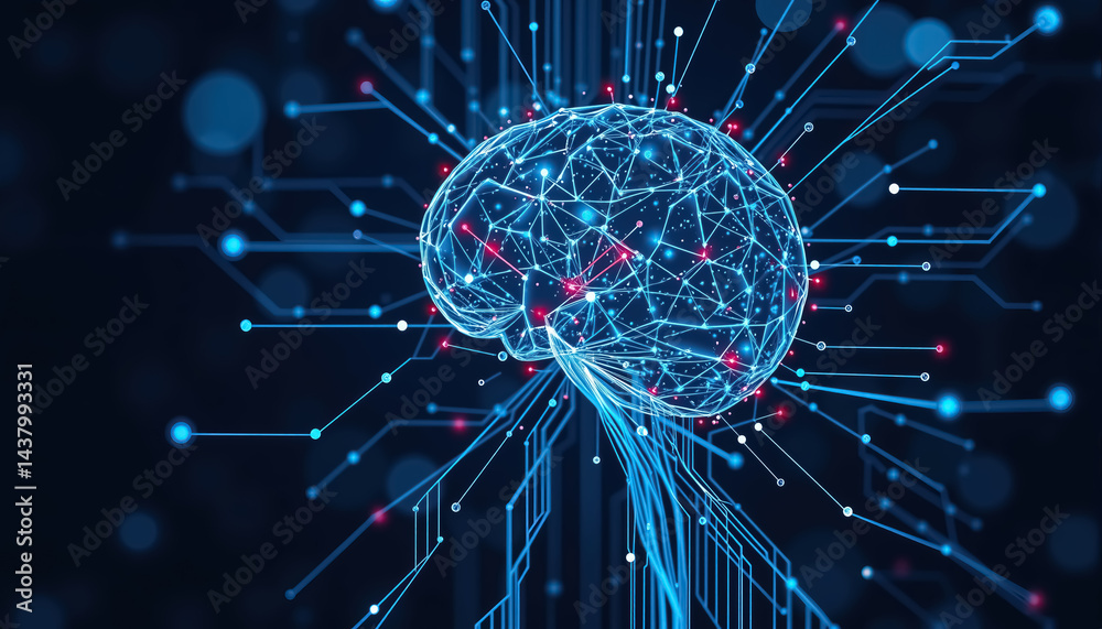 Poster Brain like network illuminated with data points symbolizing AI technology and cognitive connections