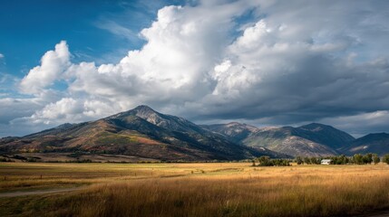 Majestic Mountain Range with Dramatic Cloudscape Over Golden Meadow