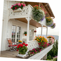 Naklejka premium white wooden balcony with flowers