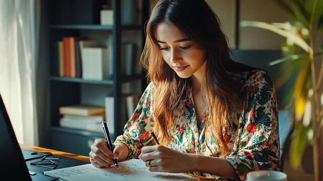 Young woman writing notes at a cozy desk setup