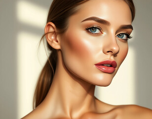 Portrait of beautiful fair skinned woman with makeup styled hair and radiant glow against soft background