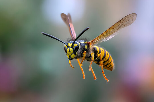 A wasp flying near a flower, its wings buzzing with motion. The shot captures the sharp details of its segmented body as it hovers mid-air with a blurred garden background.