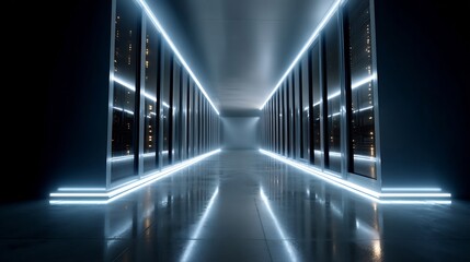 Futuristic server room with illuminated racks conveying data processing technology
