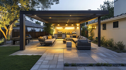 modern outdoor pergola provides stylish shading for cozy patio lounge area