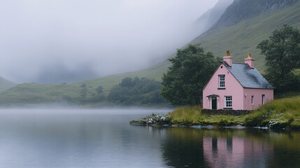 Obraz premium serene pink cottage by misty lake surrounded by lush green hills evokes tranquility