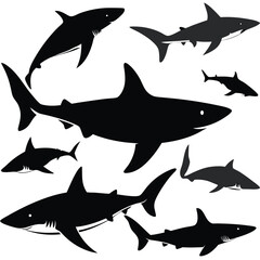 "Dynamic Shark Silhouette Collection Featuring Great White, Hammerhead, and Ocean Wildlife Scenes Vector Illustration"