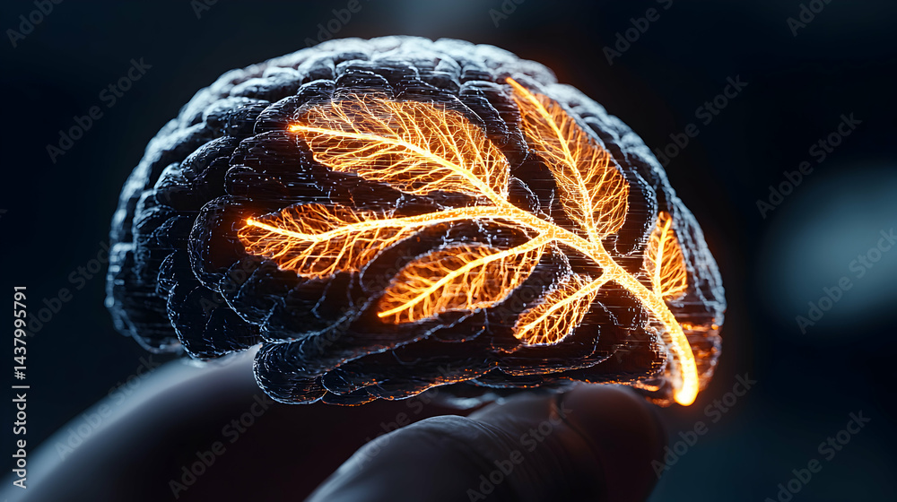 Poster a creative rendering of a brain with glowing neural pathways suggesting cognitive function and innov