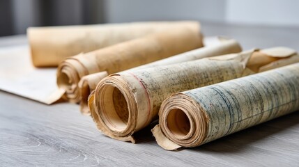 Fototapeta premium This close-up captures a tattered antique scroll with delicate edges and faded ink marks, suitable for vintage themes or historical projects, featuring clear copy space