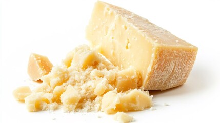 A Macro View of Fresh Parmesan Cheese Grated In Small Chunks Isolated a White Background