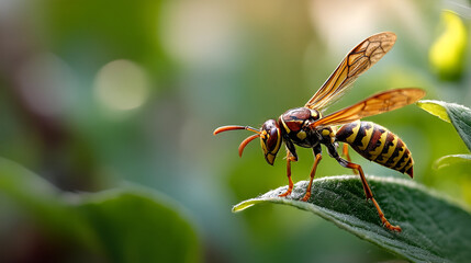 A wasp perched on the edge of a leaf, wings spread wide, showing intricate patterns. The natural light illuminates the fine details of its body against the blurred backdrop of nature.