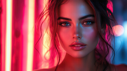 Obraz premium A glamorous fashion model posing under neon lights in an urban setting