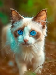 Portrait of an adorable ragdoll cat with white fur, dark markings on her face and piercing blue eyes. Perfect for pet blogs, cat food ads and animal related projects.