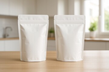 Two white doypack pouches standing on kitchen counter