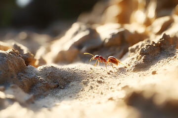 An ant navigating through a dense pile of sand, its body visible in sharp focus as it pushes a small grain of sand. The rough texture of the sand and fine details of the ant are captured in sunlight.