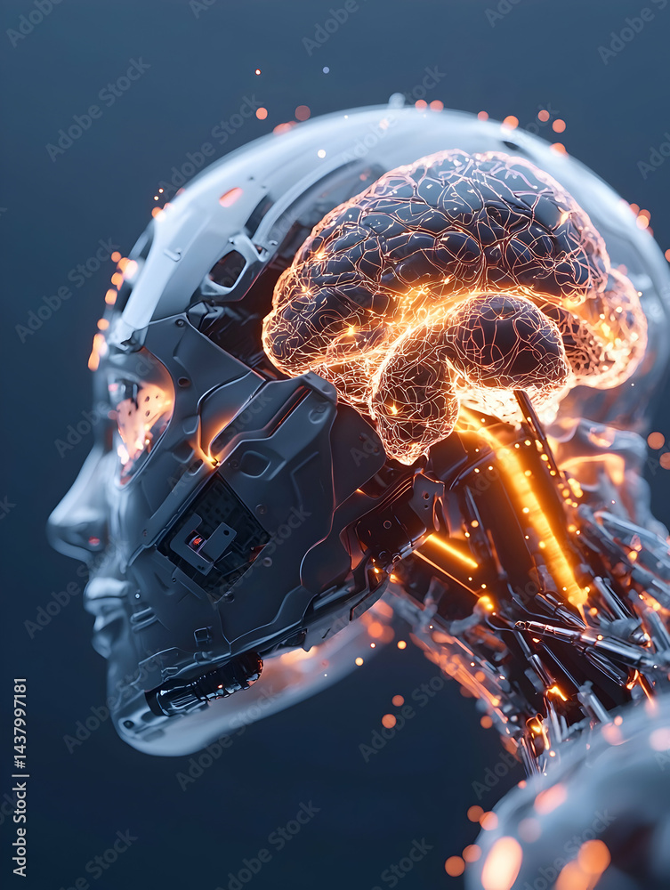 Poster cybernetic brain illustration showing ai potential. visualize digital thought processes and the futu