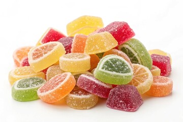 Pile of assorted jelly candies isolated on white background