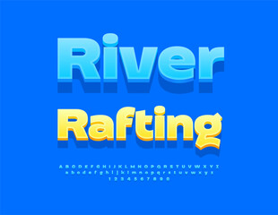 Vector Recreational emblem River Rafting. Blue Isometric Font. Fashion Alphabet Letters and Numbers set. 