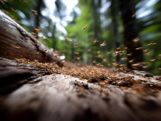 Fototapeta premium Termites swarming near a fallen tree, moving rapidly in a coordinated manner. The camera captures the swarm in sharp focus, contrasting with the blurred forest floor.