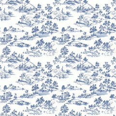 Seamless Toile de Jouy blue on white pattern...