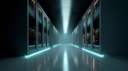 Modern data center corridor with server racks and blue ambient lighting