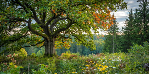 A bright daytime forest scene with a large deciduous tree in early autumn colors, lush evergreens behind, vivid blue sky above