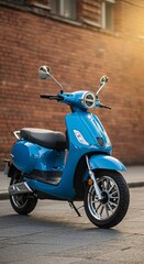 A vibrant blue scooter parked against a brick wall on a sunny day in an urban environment