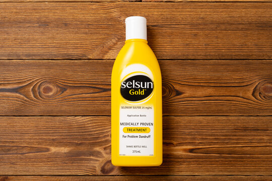Zhongshan,China-August 22,2023: bottle of Selsun Gold medically proven treatment for problem dandruff shampoo at horizontal composition.