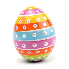 Brightly painted Easter egg with polka dots and stripes on a white background