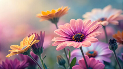 Colorful flowers bloom in dreamy macro setting, showcasing delicate petals and soft light, evoking sense of tranquility