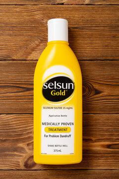 Zhongshan,China-August 22,2023: bottle of Selsun Gold medically proven treatment for problem dandruff shampoo at vertical composition.