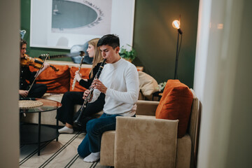 A group of musicians plays various instruments in a warm and stylish living room, showcasing teamwork, artistry, and the joy of music in an elegant, modern apartment interior.
