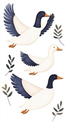 Fototapeta premium A watercolor painting collection showcases three wild geese in flight forming a V-shape formation against a clean white background with delicate leaf sprigs.
