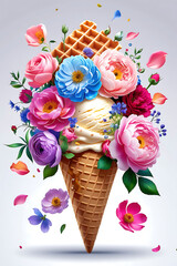 Colorful ice cream cone adorned with flowers creates a vibrant and artistic dessert display
