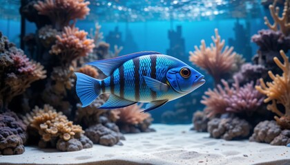 Obraz premium Vibrant Blue Ram Cichlid in a Beautifully Decorated Aquarium