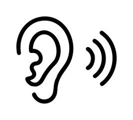 A simple black outline illustration of an ear and sound waves