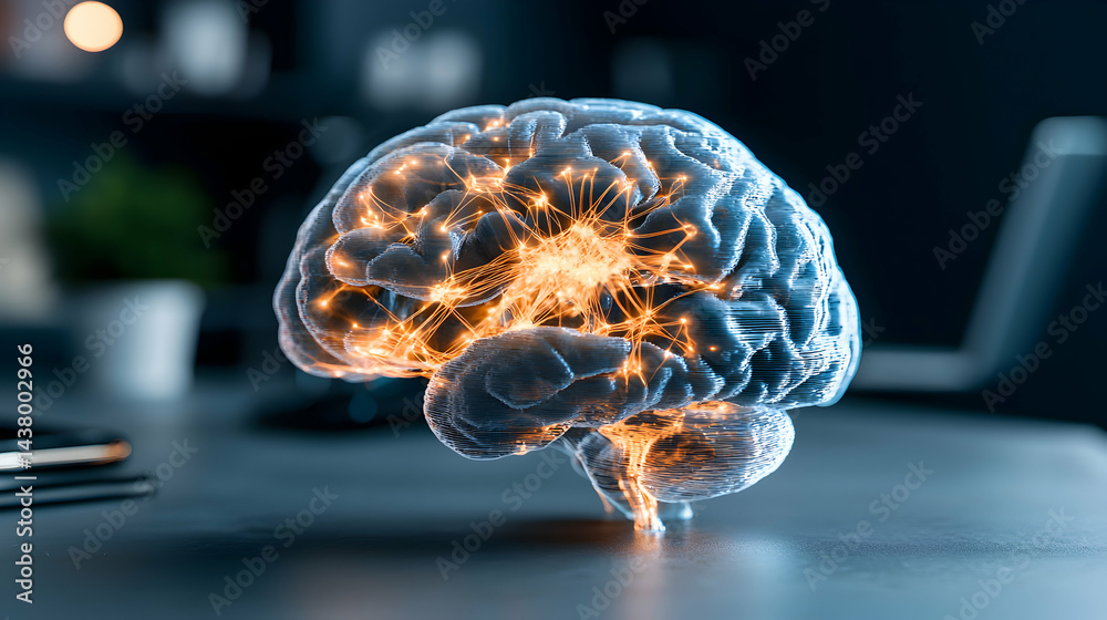 Poster a brain model illuminated with glowing pathways symbolizes thought and neural connections. suggests 