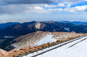 Colorado, Panorama of winter mountains, snow-covered slopes of Pikes Peak mountains, USA.
