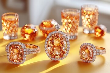 Fototapeta premium Elegant amber gemstone rings and glasses
