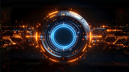 a futuristic circular interface with glowing blue and orange lights, with intricate circuit details