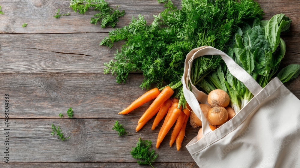 Poster a fabric tote bag rests on a wooden surface, filled with vibrant carrots and greens, creating a rust
