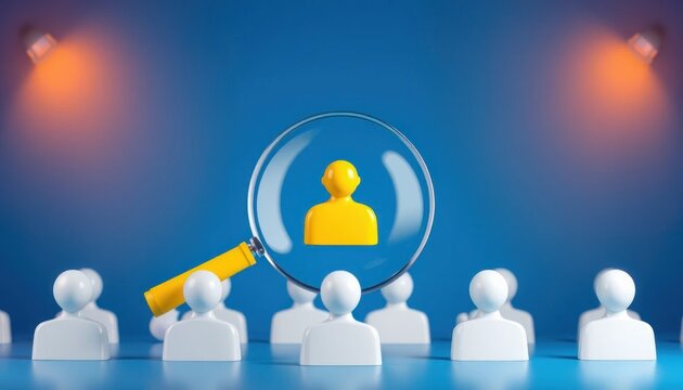 Strategic talent acquisition: Magnifying glass focuses on the optimal candidate amid the personnel group